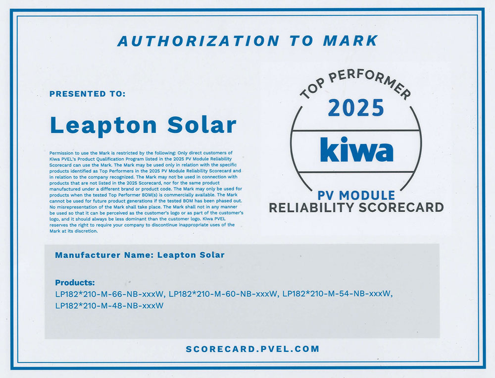 Leapton Energy Win PVEL 2025 Top Performer