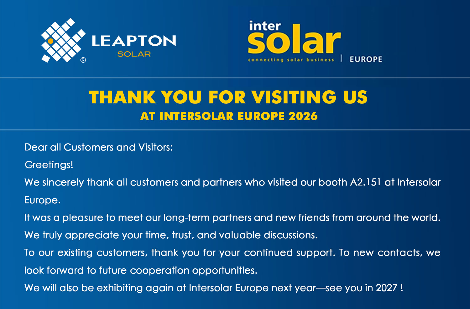 Thank You for Visiting Us at Intersolar Europe 2026